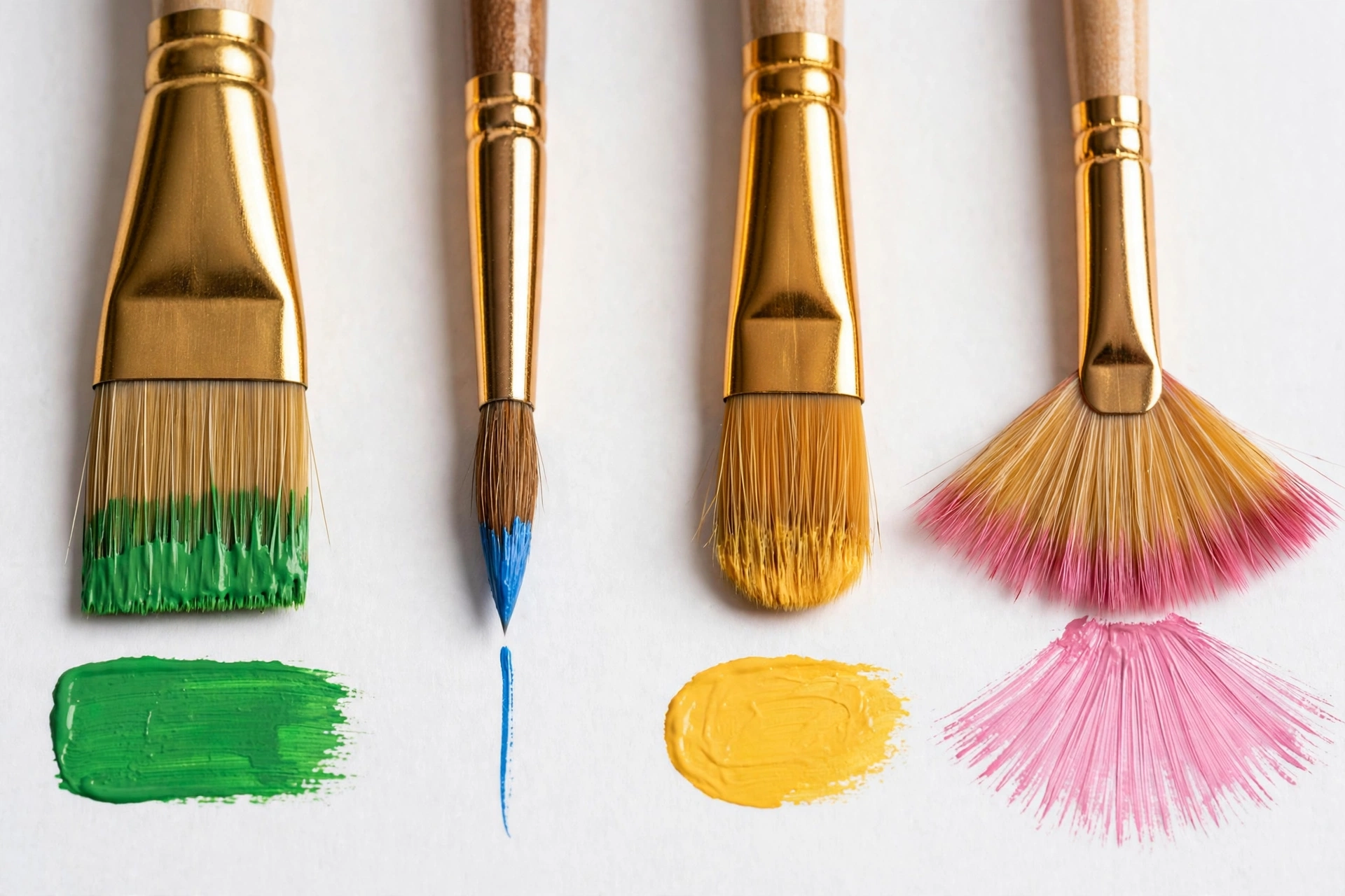 Paintbrush tip shapes: flat, round, filbert, and fan brushes with the strokes each makes