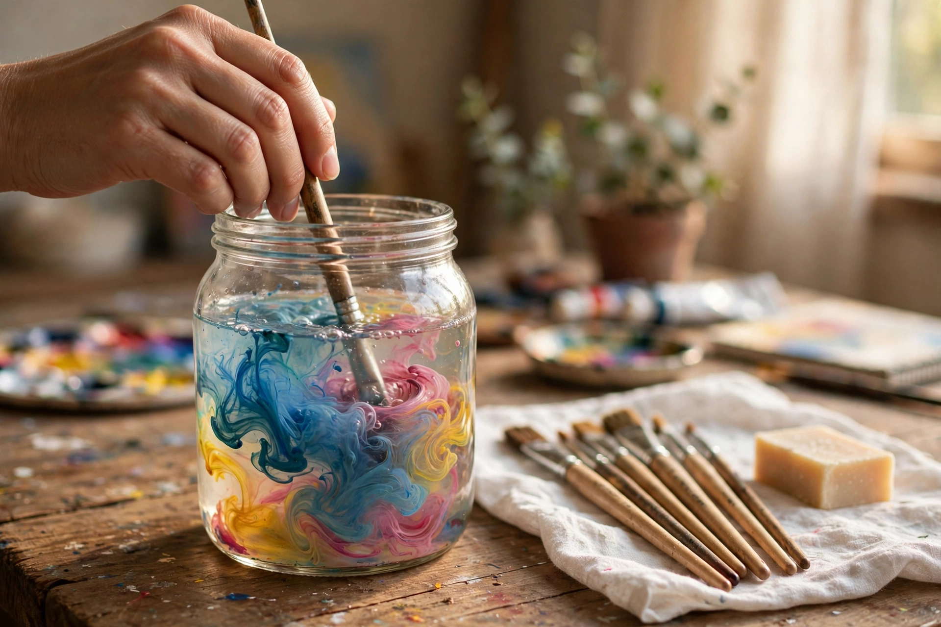 Washing acrylic paintbrushes in a jar of water at an art studio